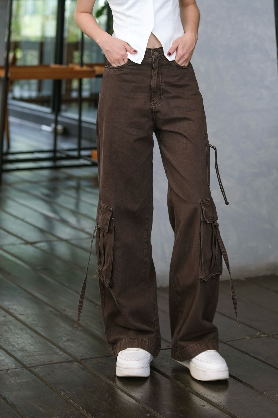 CARLA - BERTA BROWN DENIM CARGO PANTS