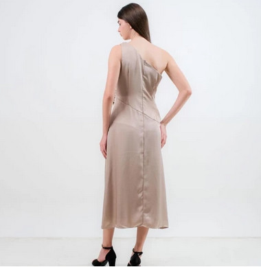 CARLA - KELY HALF SHOULDER SATIN DRESS / Dress Bahan Satin