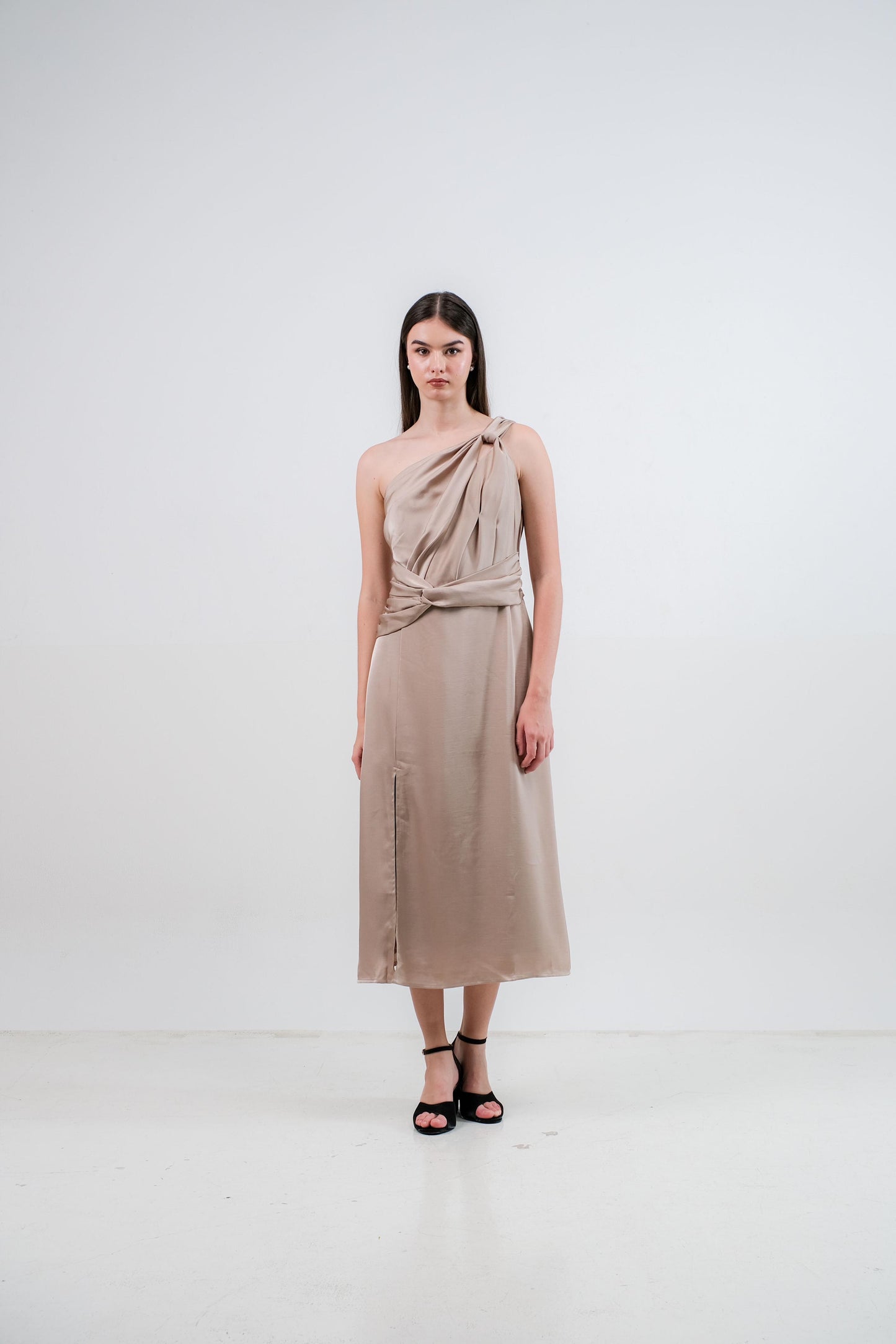 CARLA - 18040 KELY HALF SHOULDER SATIN DRESS