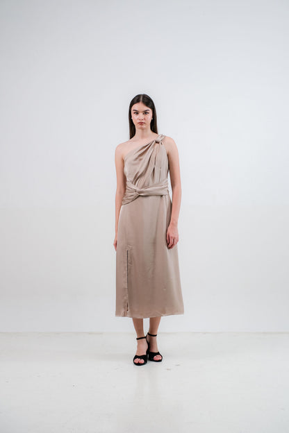 CARLA - 18040 KELY HALF SHOULDER SATIN DRESS