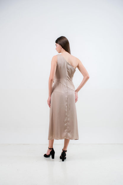 CARLA - 18040 KELY HALF SHOULDER SATIN DRESS