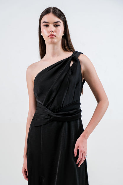 CARLA - 18040 KELY HALF SHOULDER SATIN DRESS