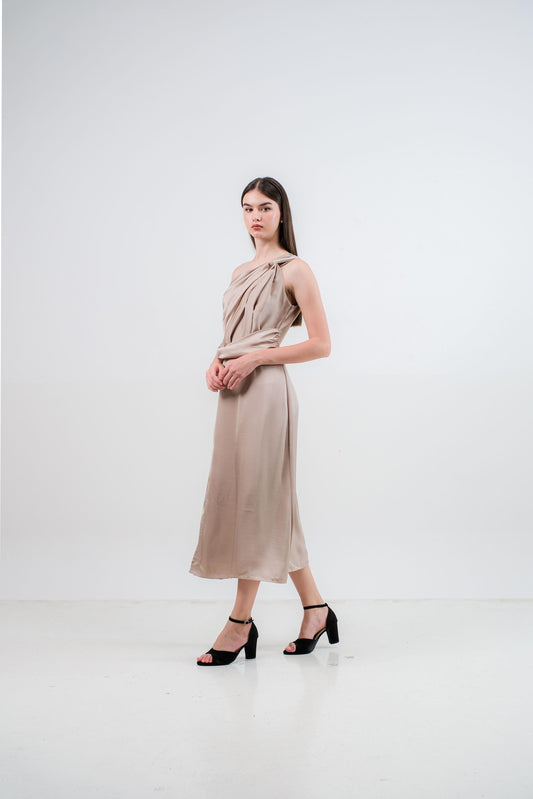 CARLA - 18040 KELY HALF SHOULDER SATIN DRESS