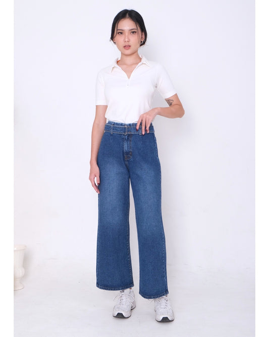 CARLA - GISELE PANT WITH BELT DENIM/ CELANA FLARE DENIM