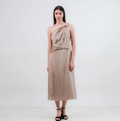 CARLA - KELY HALF SHOULDER SATIN DRESS / Dress Bahan Satin