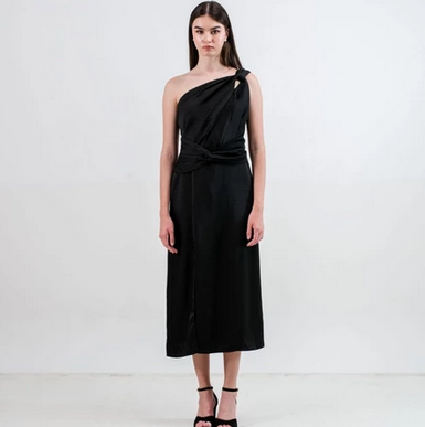 CARLA - KELY HALF SHOULDER SATIN DRESS / Dress Bahan Satin