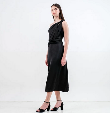CARLA - KELY HALF SHOULDER SATIN DRESS / Dress Bahan Satin