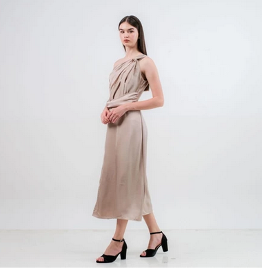 CARLA - KELY HALF SHOULDER SATIN DRESS / Dress Bahan Satin