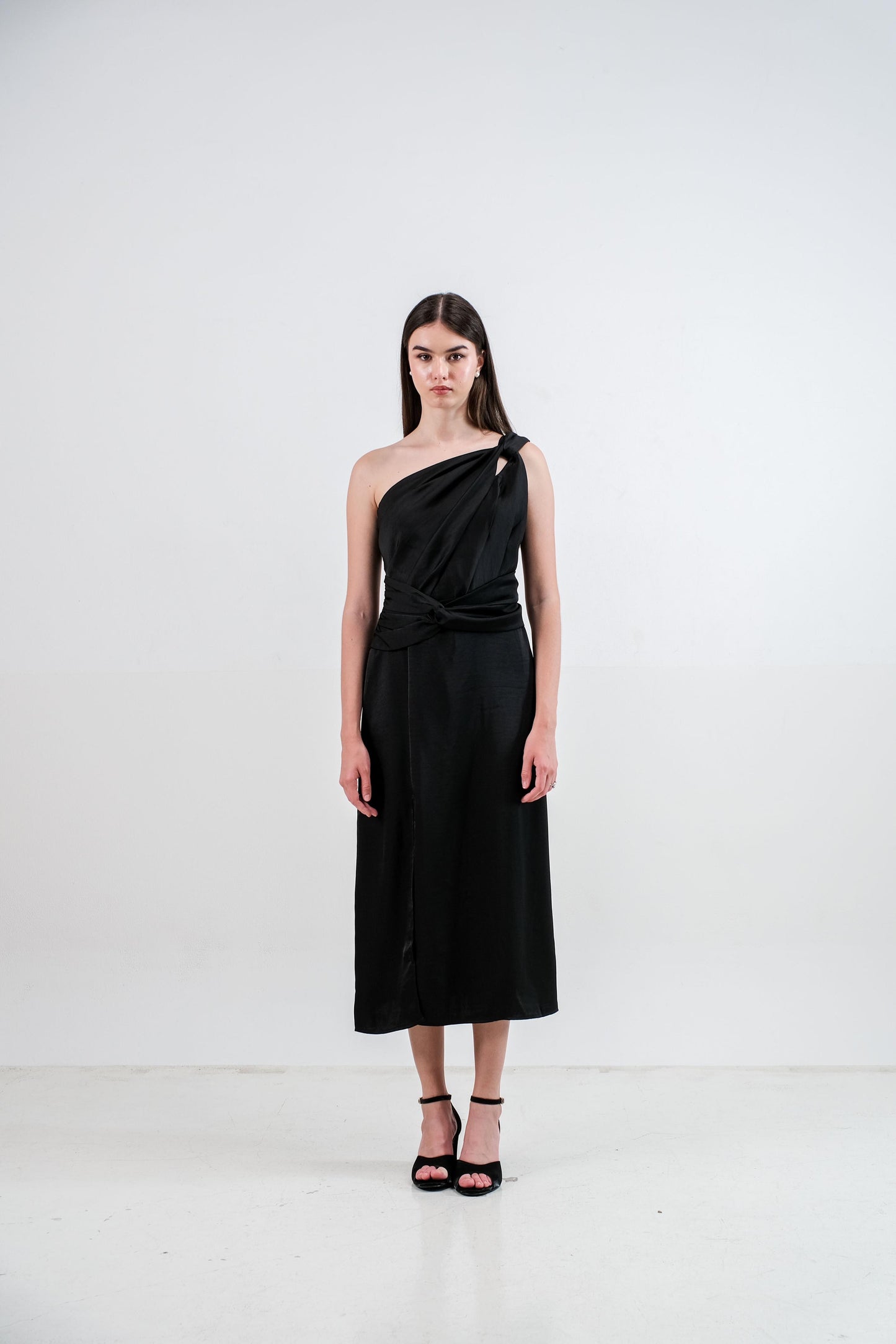 CARLA - 18040 KELY HALF SHOULDER SATIN DRESS
