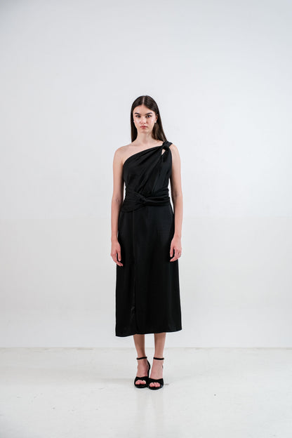 CARLA - 18040 KELY HALF SHOULDER SATIN DRESS